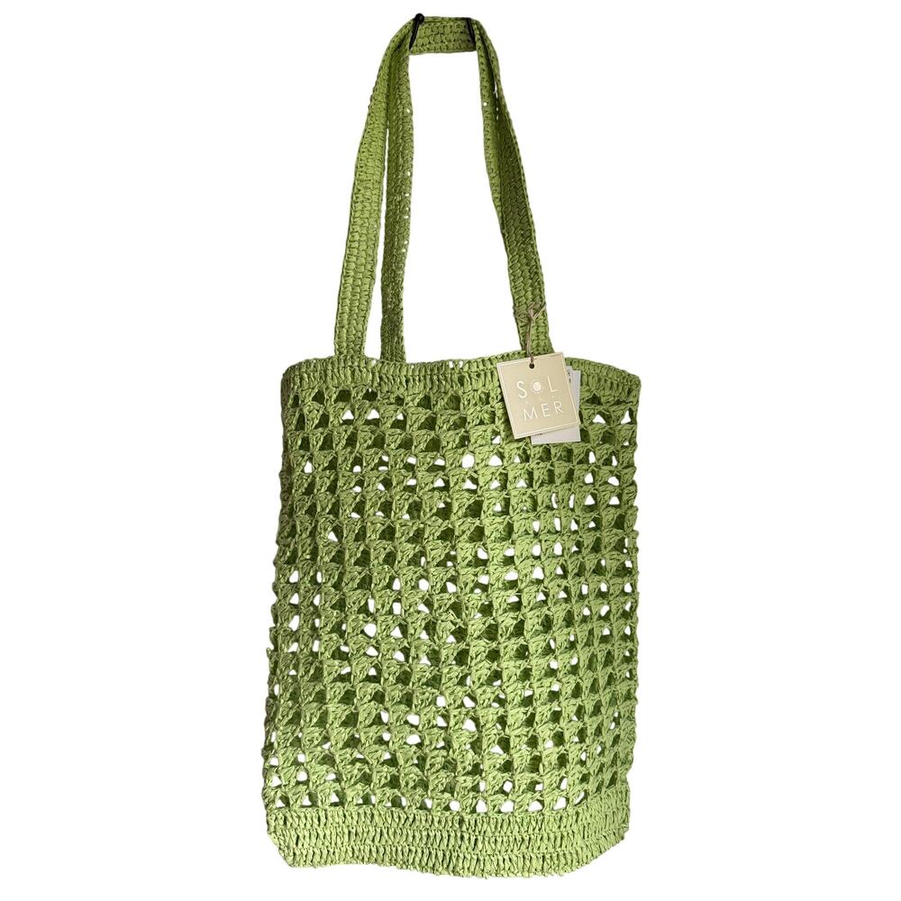 NWT Sol & Mer Lime Raffia Tote | Woven Beach Bag | Resort Vacation Market Tote
